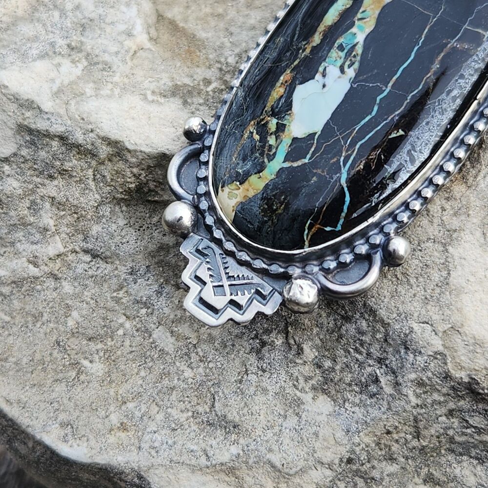 Blackjack Turquoise Navajo Mary Ellen signed handmade USA native pendant - Picture 6 of 9